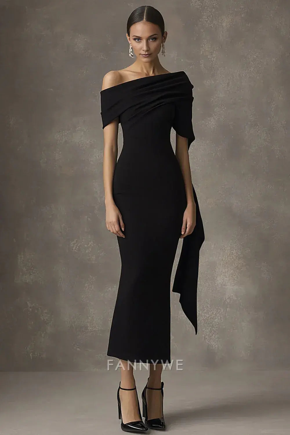 FannyWe Simple Black Sheath Off the Shoulder Long Black Tie Dress